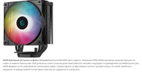 DEEPCOOL AG400-BK-ARGB-V2 120mm ARGB HAVA SOĞUTMALI İŞLEMCİ FANI AM5-1700p